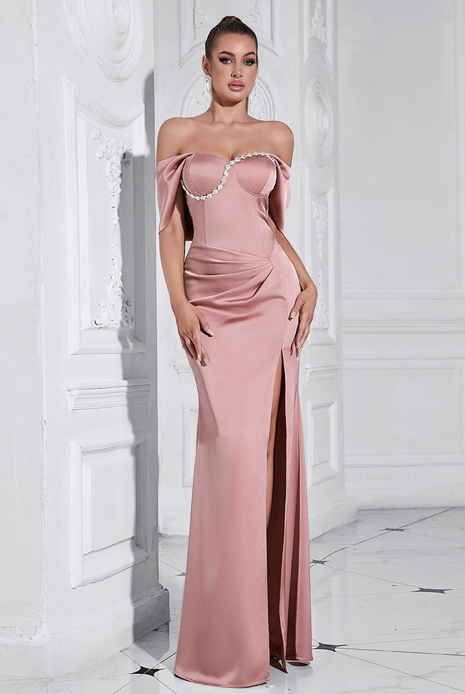 Elegant off-shoulder pink evening gown with thigh-high slit for stylish fashion ملابس