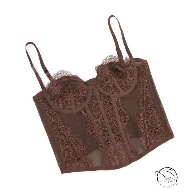 Brown lace lingerie set with sheer panels, adjustable straps, Camisole Outerwear Top Bra fashion