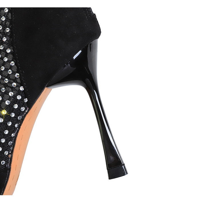 Langry fashion black stiletto boot with rhinestone mesh stitching