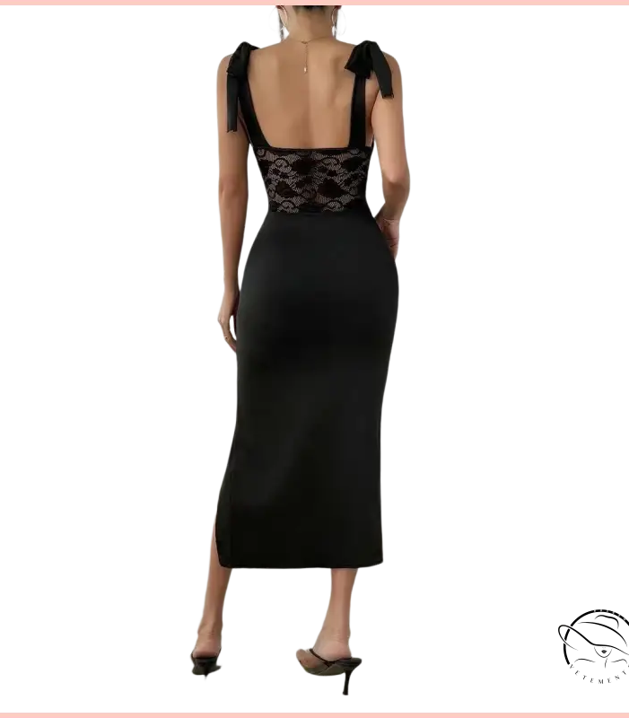 Fashionable elegant sheath dress in black lace and satin with shoulder ties