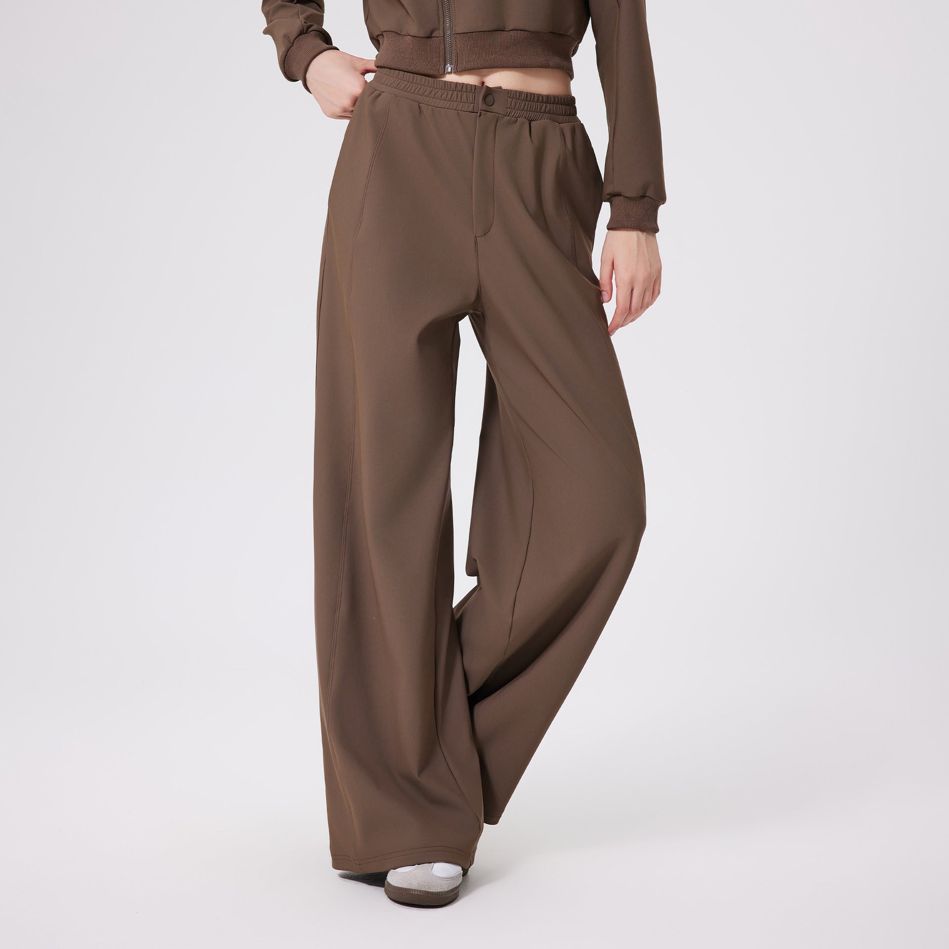 Brown loose fitness warm pants with high-waist elastic band