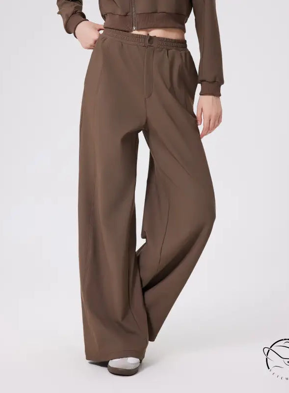 Brown loose fitness warm pants with high-waist elastic band
