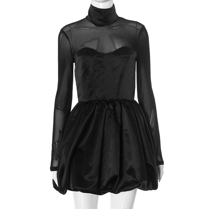 Elegant charming black mini dress with long sleeves and high neck for fashionable ملابس