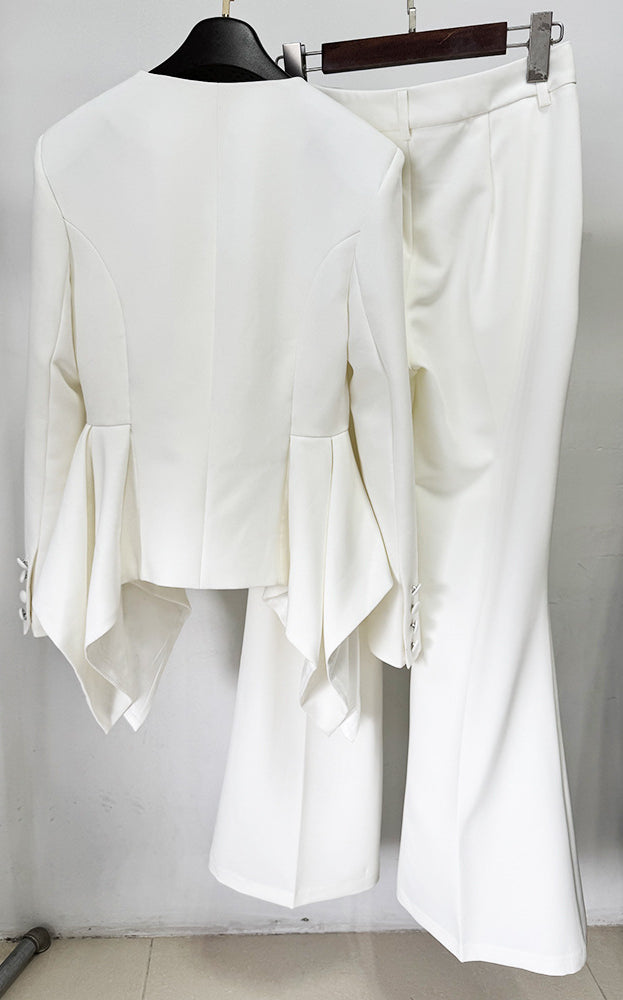 Langry fashion white asymmetrical blouse with bell sleeves and high-waisted pants set