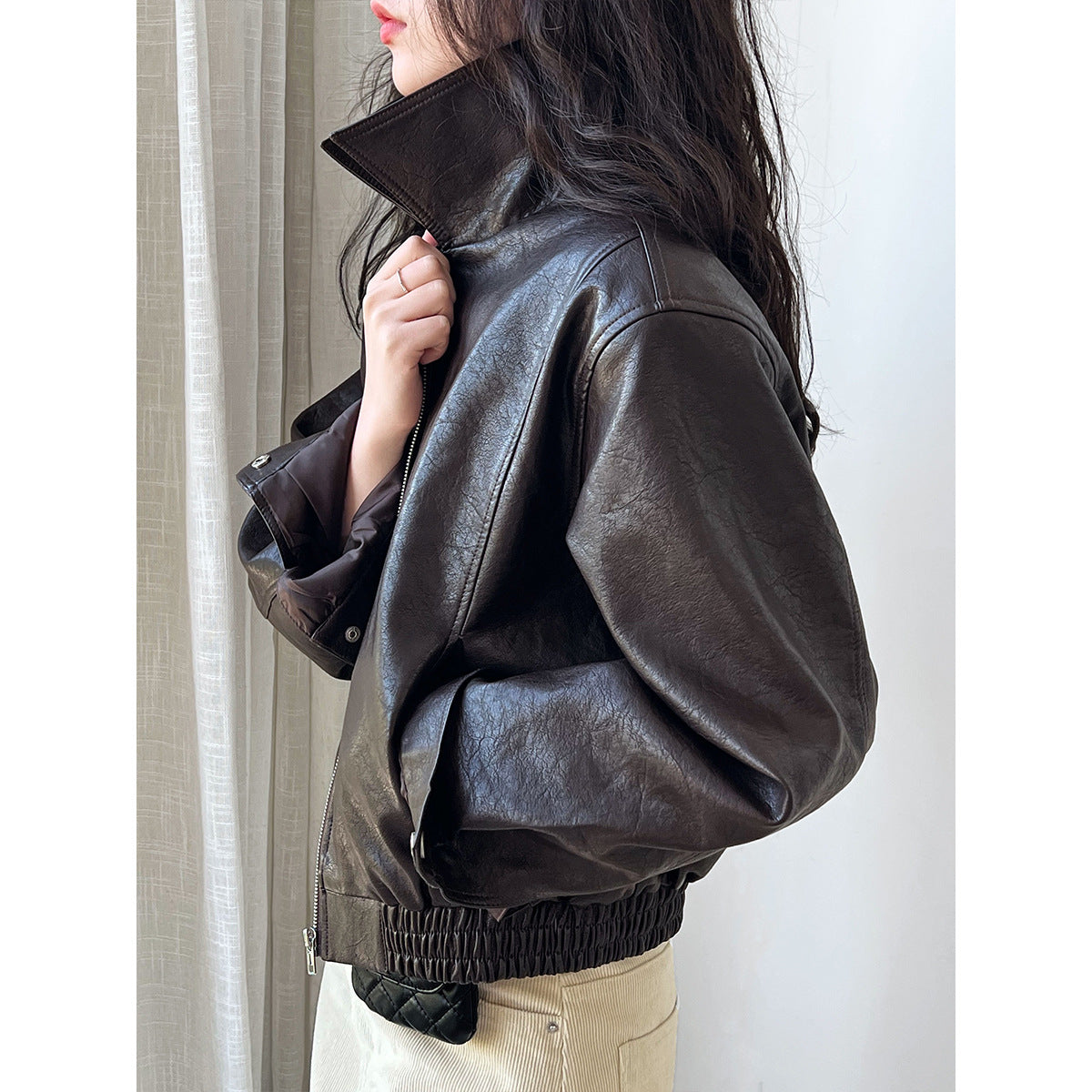 Brown faux leather bomber jacket featuring a langry fashion style in Retro Brown Leather Coat Women Autumn collection