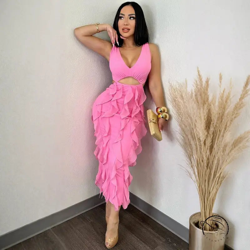 Enchanting ruffled split dress in pink with cutout and spaghetti straps
