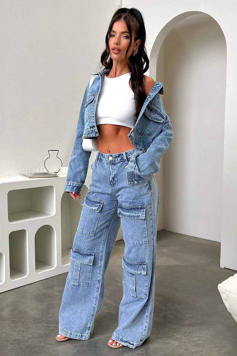 Double denim outfit with cropped jacket and cargo jeans, ideal for langry fashion ملابس