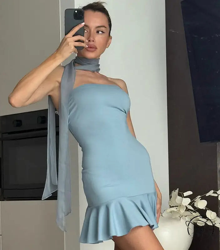 Light blue ruffled langry fashion dress with high neckline and thin straps
