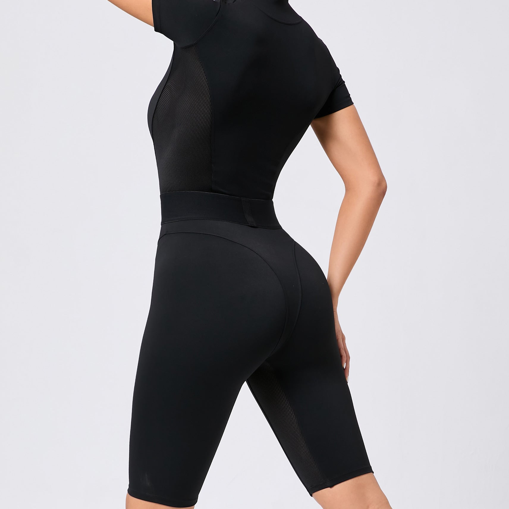 Tight Waist Open Collar Zipper Short Sleeve Yoga Jumpsuit Women Patchwork Fitness Sports