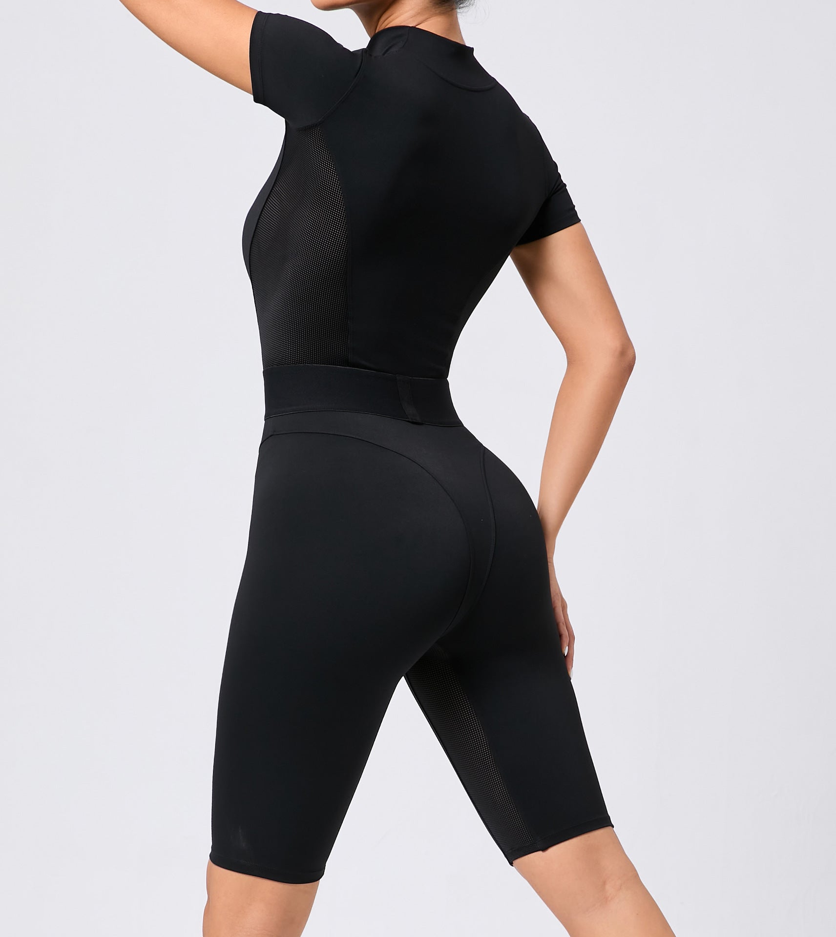 Tight Waist Open Collar Zipper Short Sleeve Yoga Jumpsuit Women Patchwork Fitness Sports