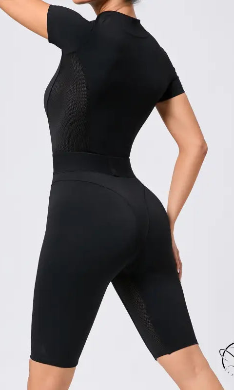 Tight Waist Open Collar Zipper Short Sleeve Yoga Jumpsuit Women Patchwork Fitness Sports