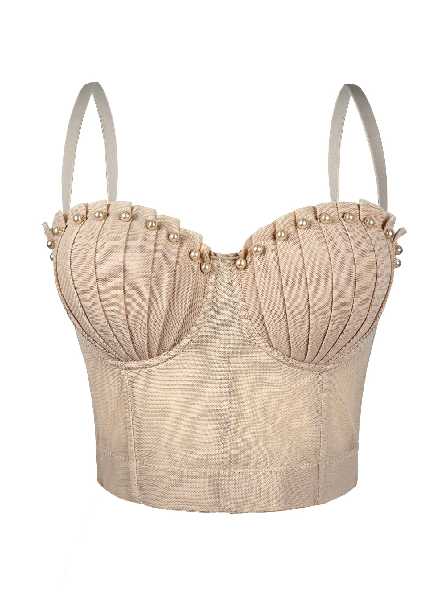 Langry beige lace underwire bra with pearl embellishments in fashion corset