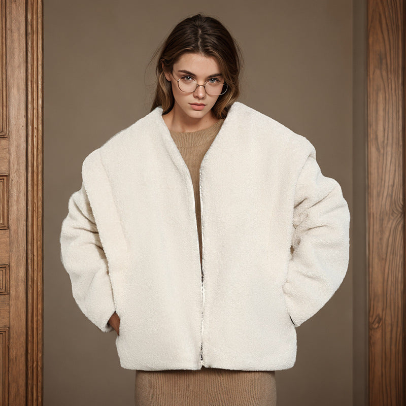 Creamy white faux fur jacket from Casual Round Neck Zipper Stitching fashion coat