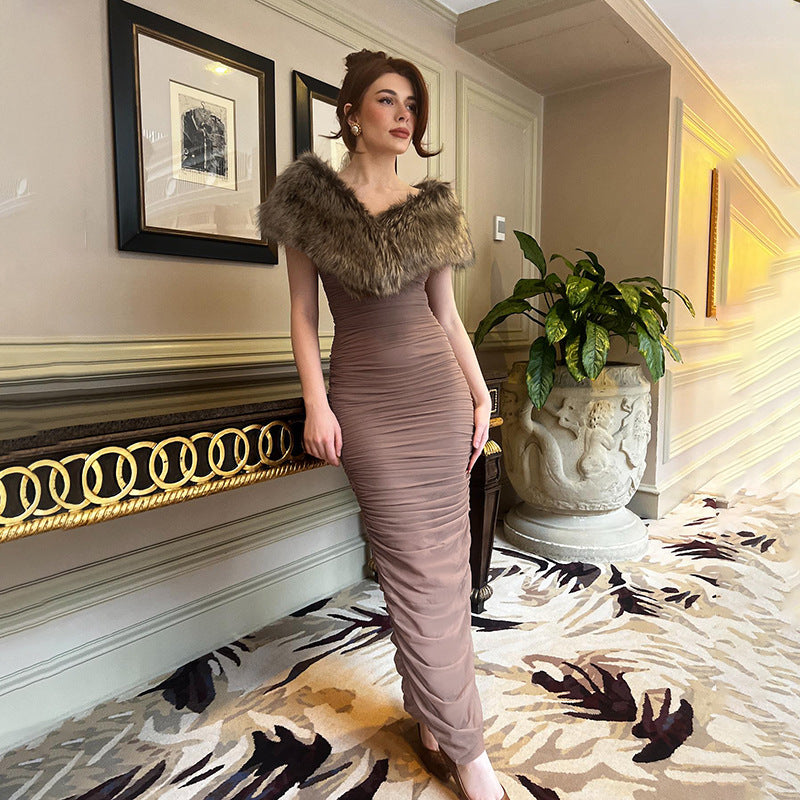 Elegant Slim Fit Furry Off Shoulder Tube Top Shawl Dress in mauve with fur collar detail