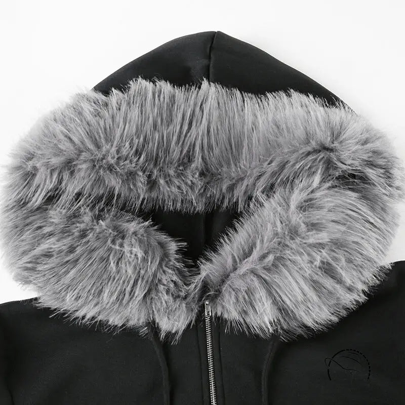 Langry retro loose fur warm coat: black hooded jacket with gray faux fur trim