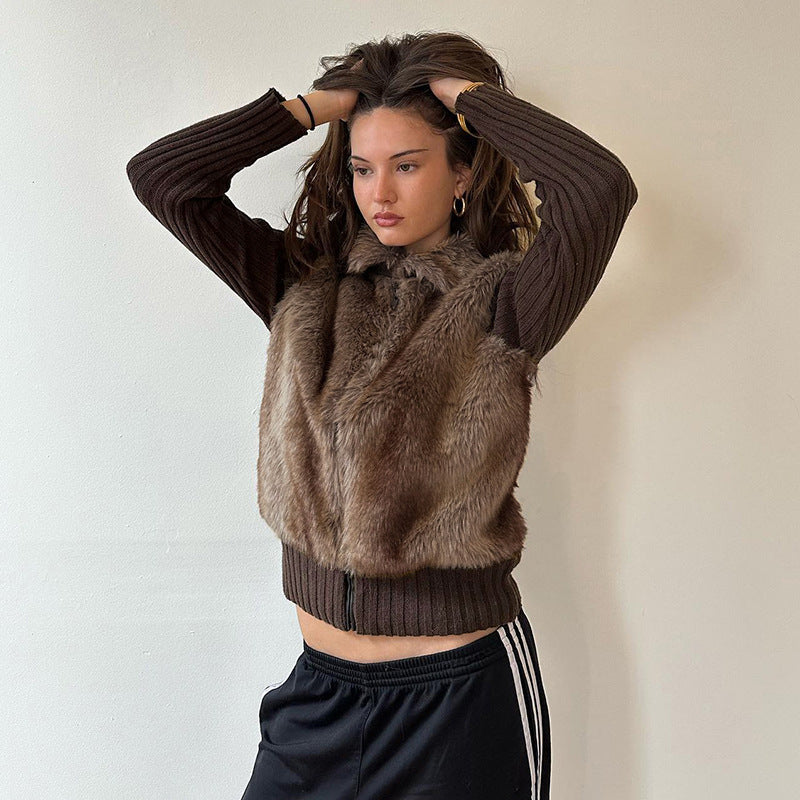 Langry fashion brown fur vest with black ribbed sweater and Adidas track pants