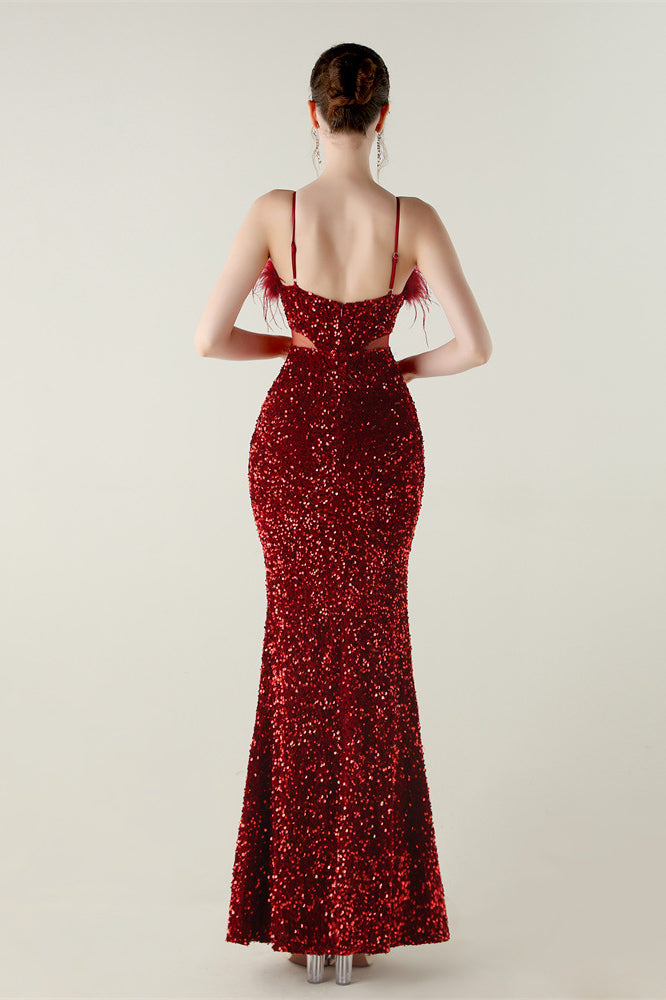 Red sequined mermaid langry fashion dress with ostrich feathers