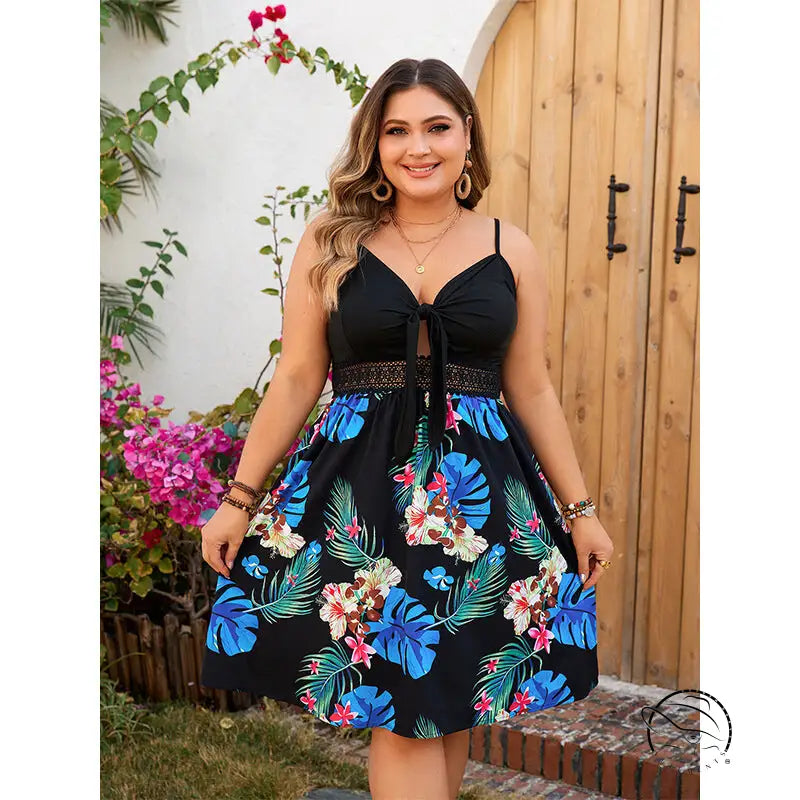 Elegant floral print strap dress in black for women