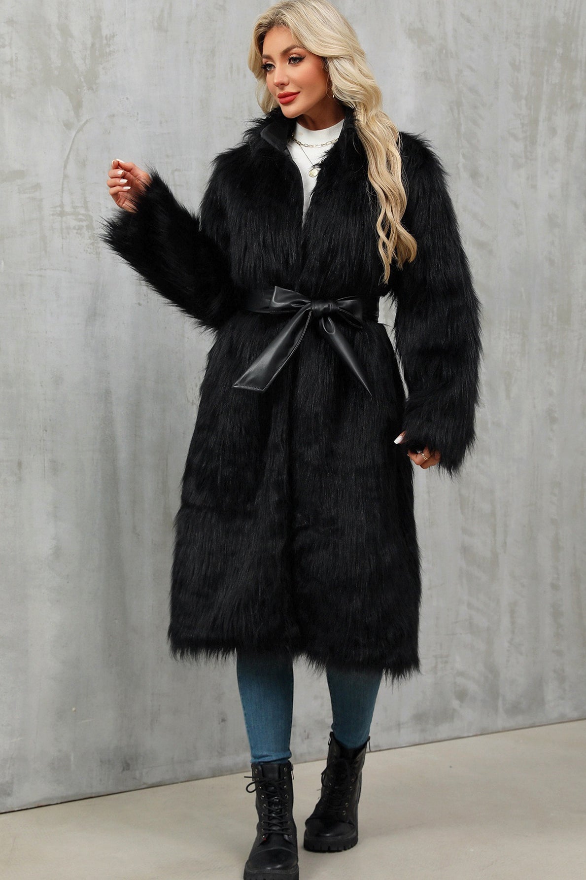 Long faux fur overknee coat with black fur and leather belt