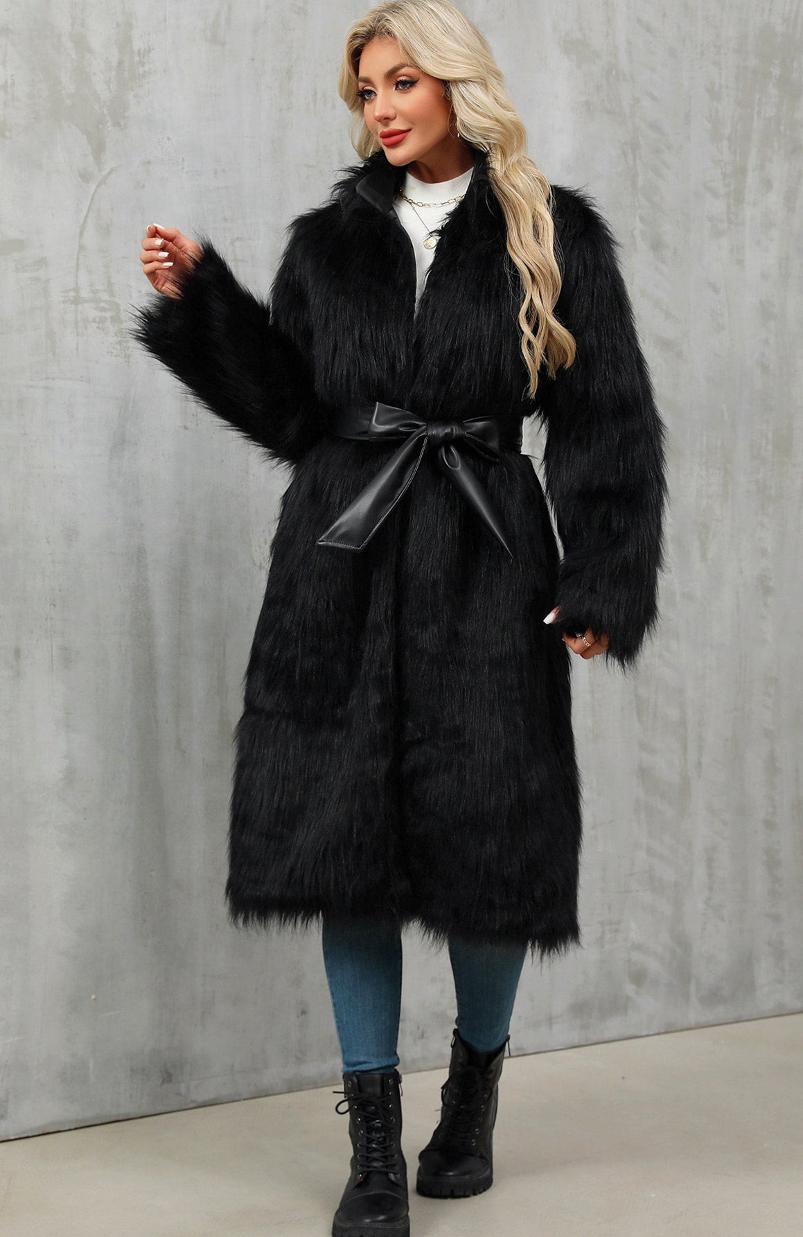 Long faux fur overknee coat with black fur and leather belt