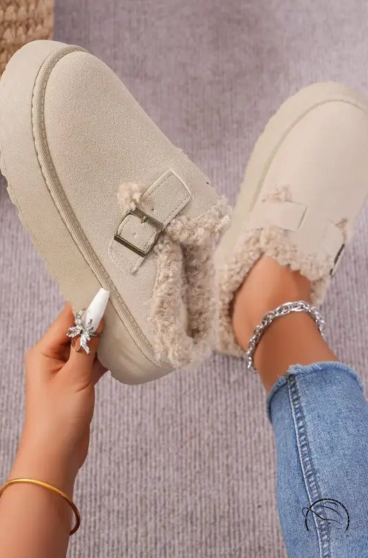 Casual thermal cotton beige platform buckle slippers in Langry fashion