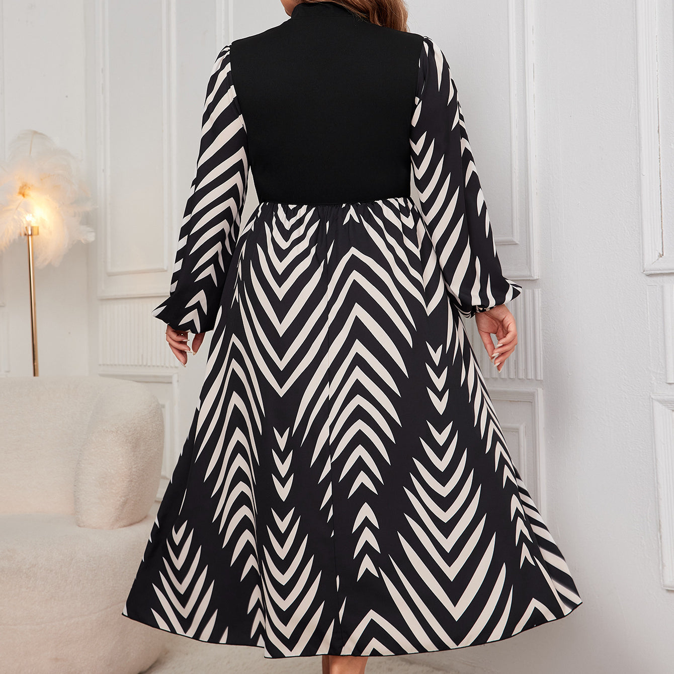 Elegant Puff Sleeve High Waist Dress in black and white chevron pattern for stylish fashion