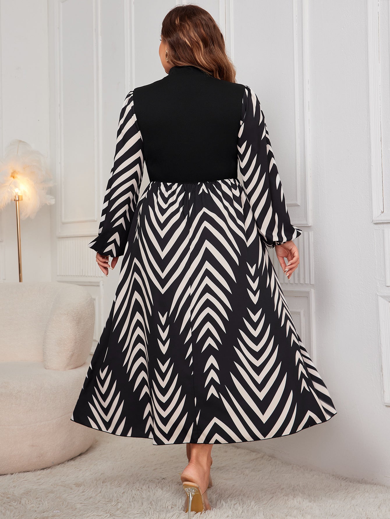 Elegant Puff Sleeve High Waist Dress in black and white chevron pattern for stylish fashion