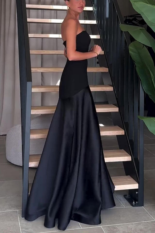 Elegant black strapless gown in Beautiful Satin Dress, perfect for fashion-forward ملابس choices