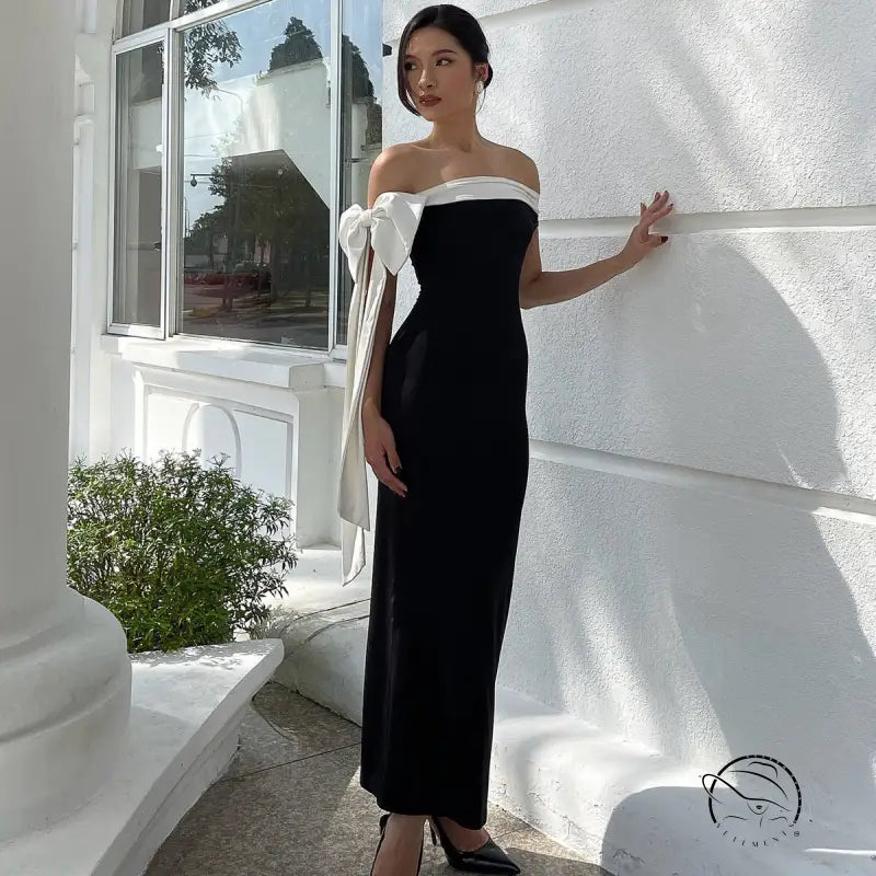 Elegant langry fashion slim dress: strapless black and white evening gown with bow