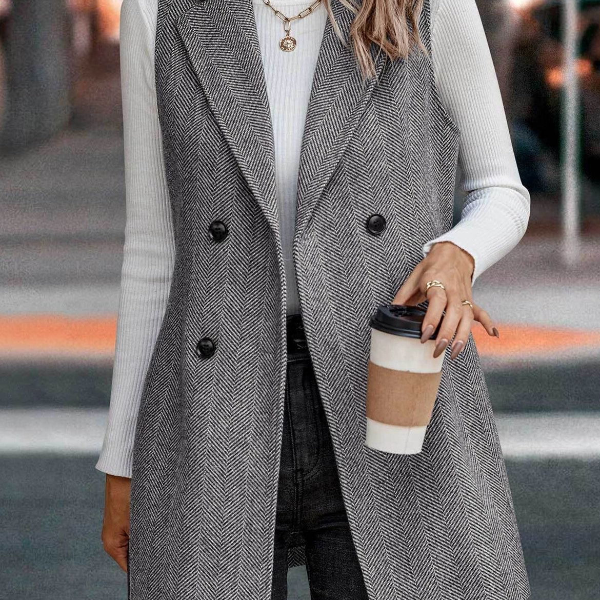 Gray herringbone vest from Elegant Ladies Vest Sleeveless Jacket in stylish fashion ملابس