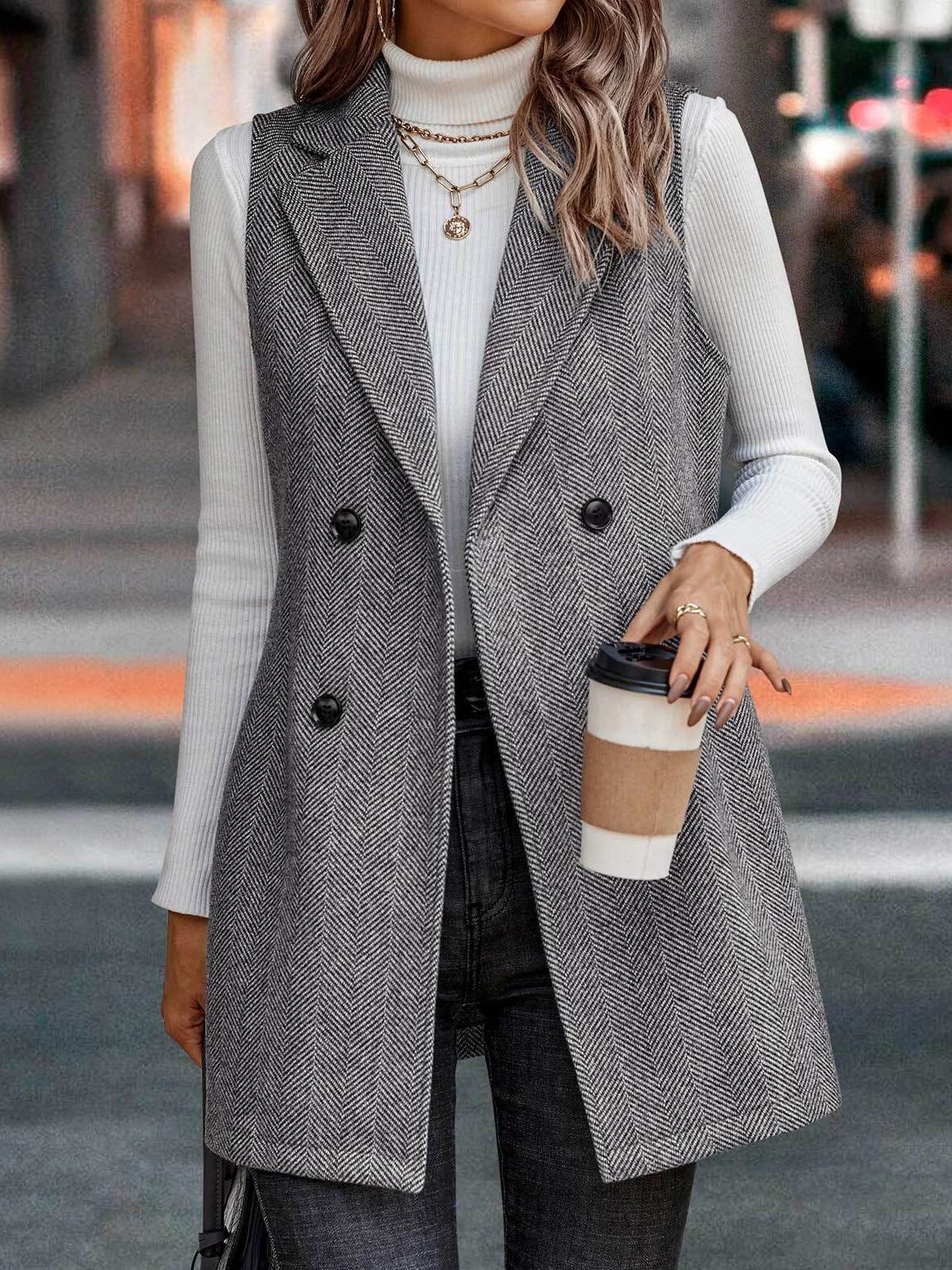 Gray herringbone vest from Elegant Ladies Vest Sleeveless Jacket in stylish fashion ملابس