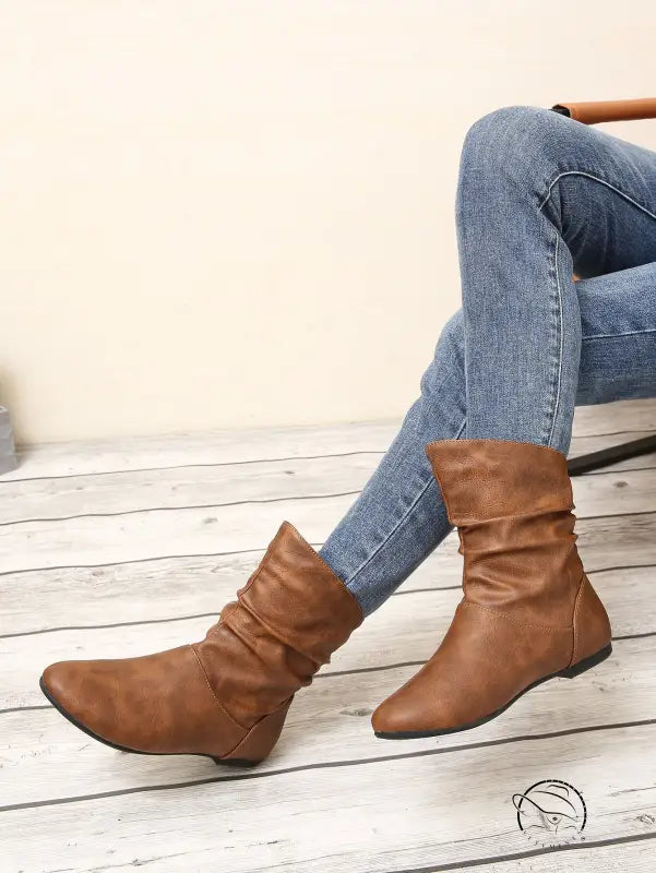Langry fashion brown slouch ankle faux leather boots