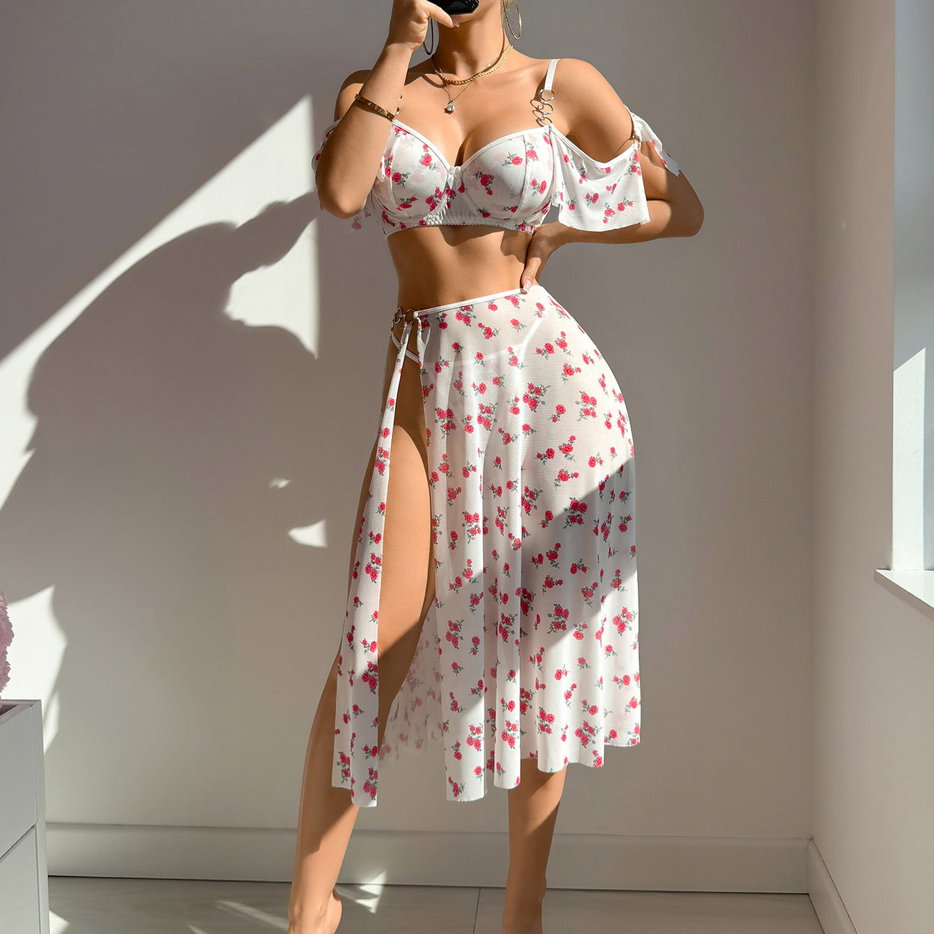 Gorgeous Mesh Leopard Print Lingerie Set with Floral Fashion