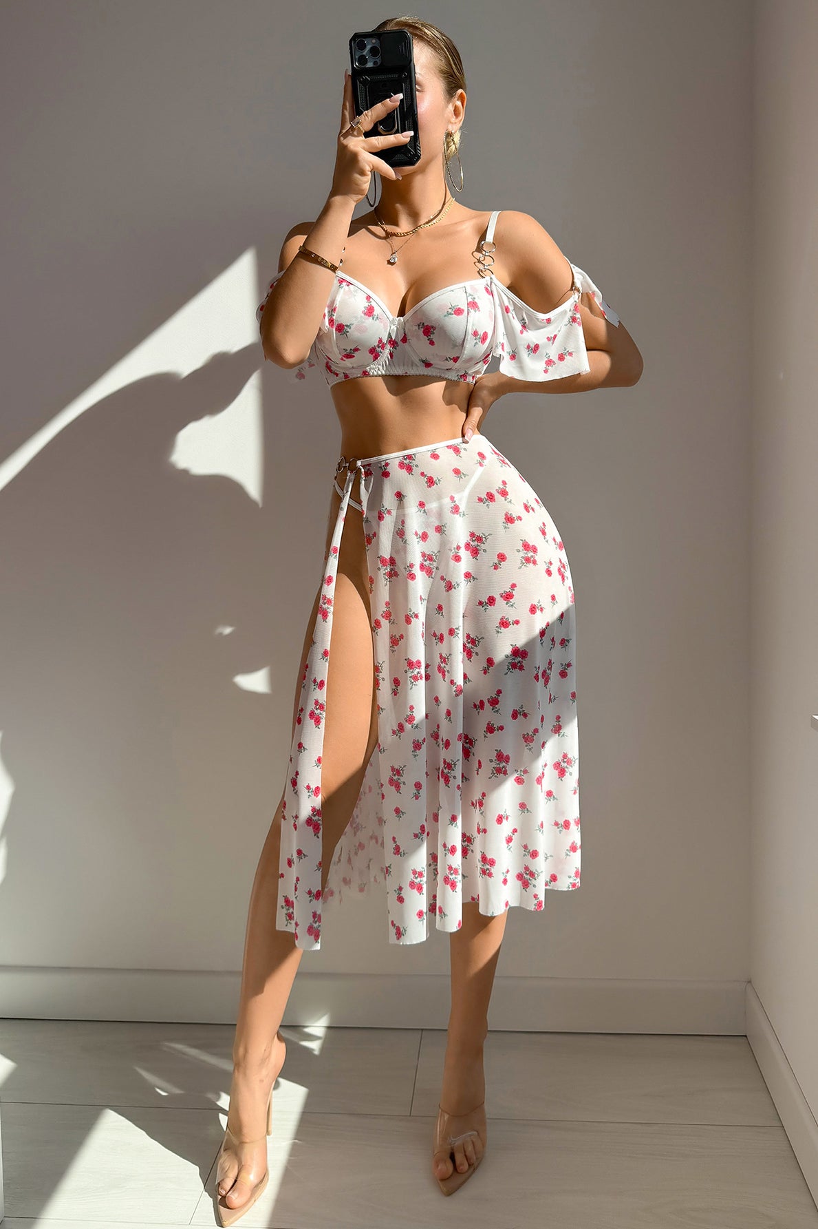 Gorgeous Mesh Leopard Print Lingerie Set with Floral Fashion