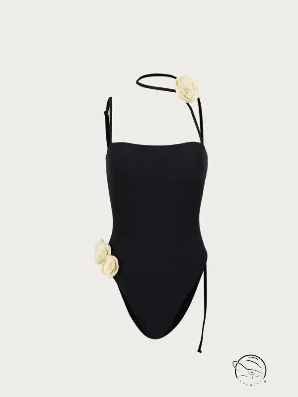 Black one-piece enchanting beach swimwear with cream floral accents