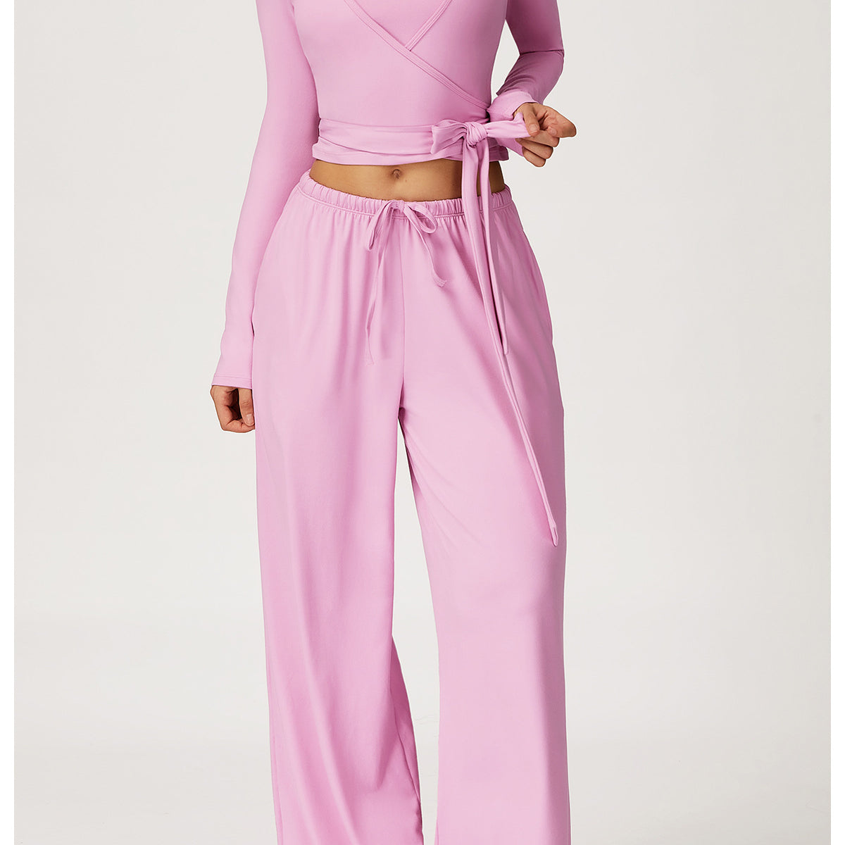 Langry lavender two-piece yoga set with wide-leg pants and crop top