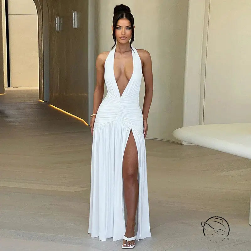 Elegant white halter-neck maxi dress in langry fashion style