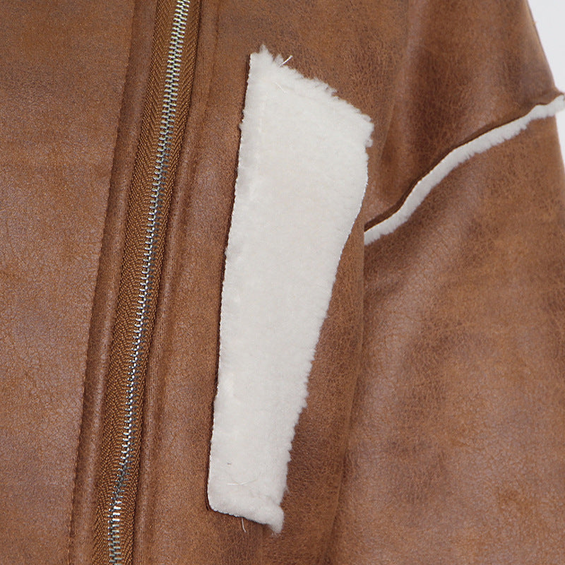 Brown faux suede lamb wool coat with white faux fur trim, stylish fashion ملابس