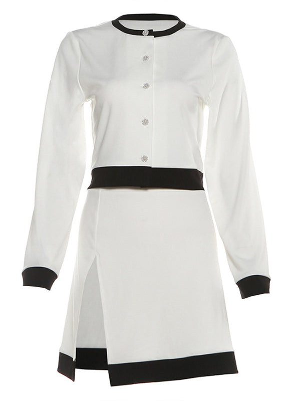 Elegant white and black long sleeve two-piece set with short skirt