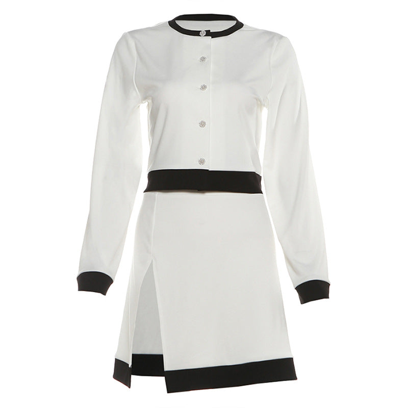 Elegant white and black long sleeve two-piece set with short skirt