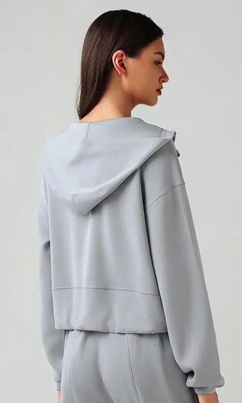 Gray hooded zip cardigan coat for women autumn winter casual fit