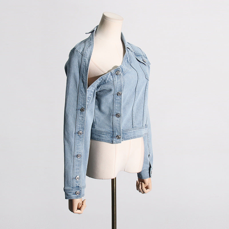 Light blue denim jacket from Langry showcasing off the shoulder fashion style