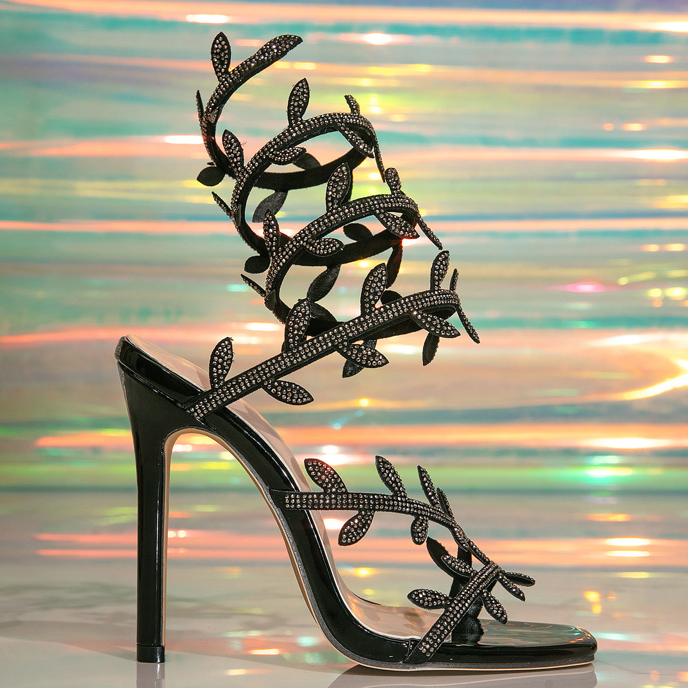 Langry fashion black high-heeled sandal with leaf design and rhinestones