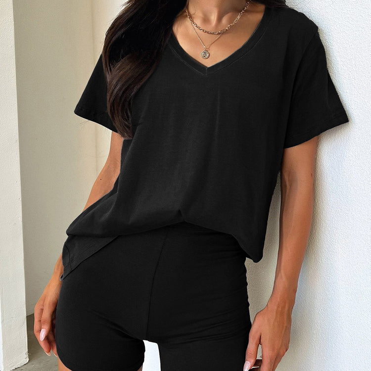 Black V-neck t-shirt and shorts loungewear set from Comfy Daily Set for stylish ملابس