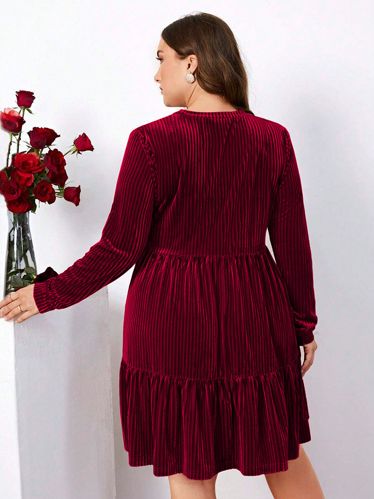Burgundy velvet long-sleeved Elegant Winter High Waist A Line Dress for stylish fashion