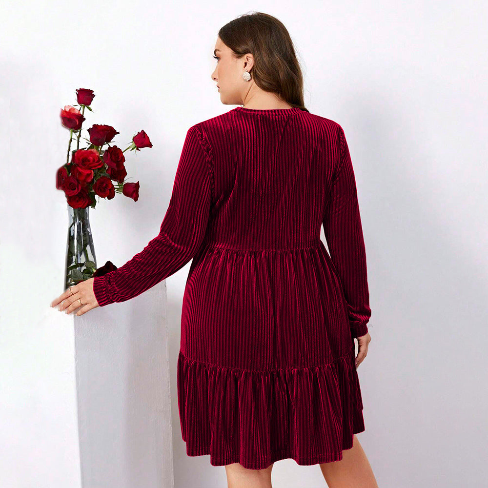 Burgundy velvet long-sleeved Elegant Winter High Waist A Line Dress for stylish fashion