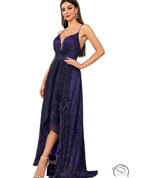 Elegant slim fit langry fashion evening dress in deep purple with plunging neckline