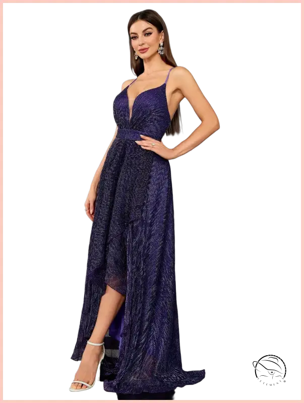 Elegant slim fit langry fashion evening dress in shimmering purple