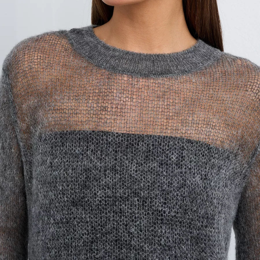 Sheer Mohair sweater with grey stripes, ideal for langry fashion enthusiasts