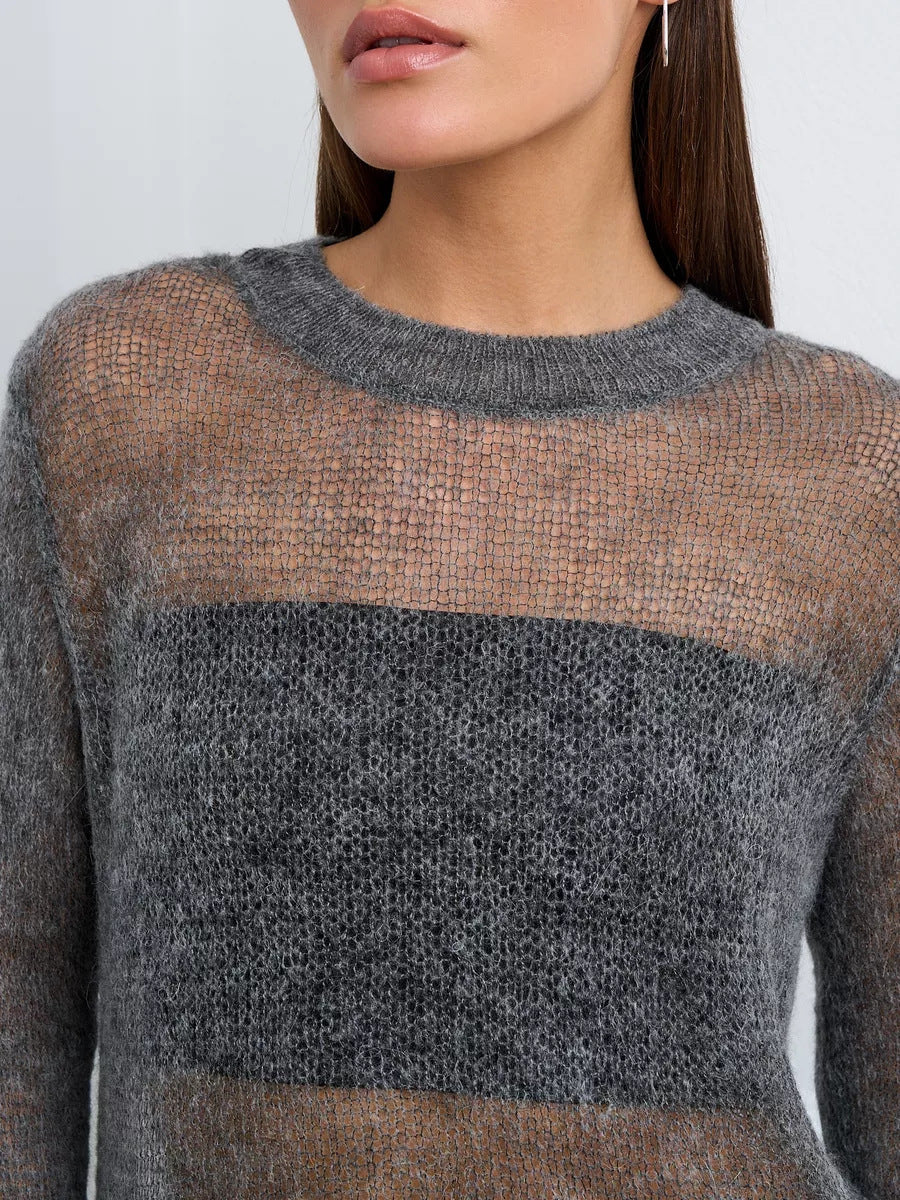 Sheer Mohair sweater with grey stripes, ideal for langry fashion enthusiasts